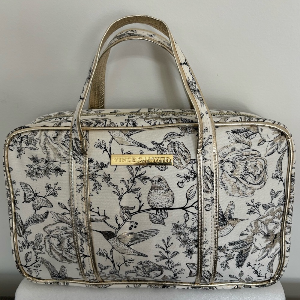 Vince Camuto Black and Cream Bird Print Cosmetic/Travel Bag, NWOT